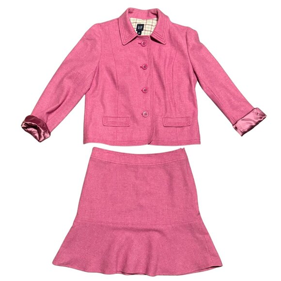 Gap Women’s Wool Blend Blazer + Matching Skirt Set Pink Tartan L / 6 - Picture 1 of 17